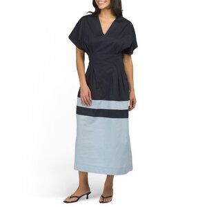 LINEA MODA Navy/blue Made In Italy Short Sleeve Maxi Color Block Dress
